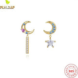 925 Silver Rainbow Zircon Star Moon Stud Earrings Women 18k Plating Jewelry