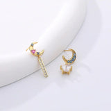 925 Silver Rainbow Zircon Star Moon Stud Earrings Women 18k Plating Jewelry