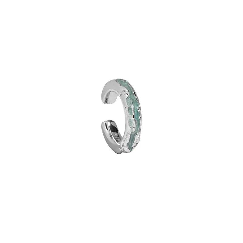925 Silver Green Enamel C Shape Clip Earrings Platinum Plating