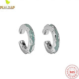 925 Silver Green Enamel C Shape Clip Earrings Platinum Plating