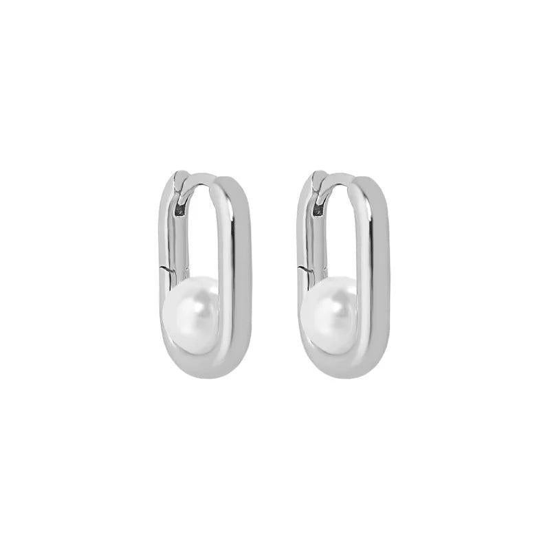 925 Silver Shell Pearl Hoop Earrings Platinum Plated Women Accessory