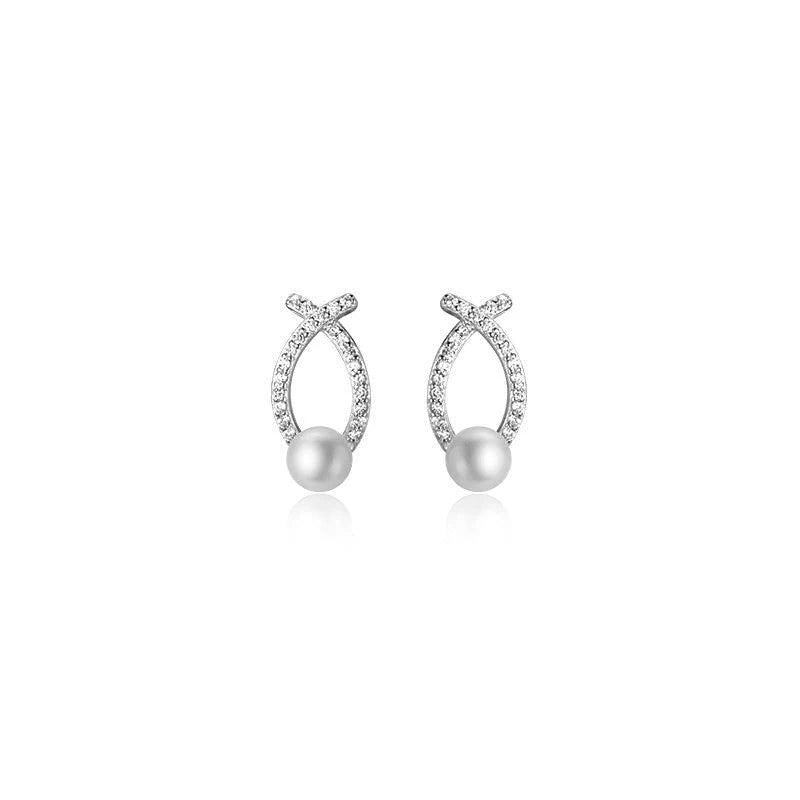 925 Silver Cross Pearl Stud Earrings Romantic Anniversary Gift