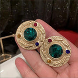 Vintage Women Emerald Glazed Earrings Thin Frosted Vintage Silver Needle Circle
