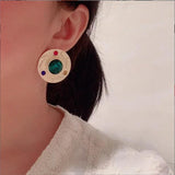 Vintage Women Emerald Glazed Earrings Thin Frosted Vintage Silver Needle Circle