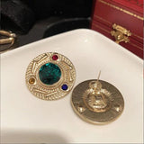 Vintage Women Emerald Glazed Earrings Thin Frosted Vintage Silver Needle Circle
