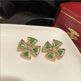 Vintage Women Emerald Glazed Earrings Thin Frosted Vintage Silver Needle Circle