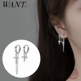 925 Silver Punk Cuban Link Cross Huggie Earrings