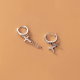925 Silver Punk Cuban Link Cross Huggie Earrings