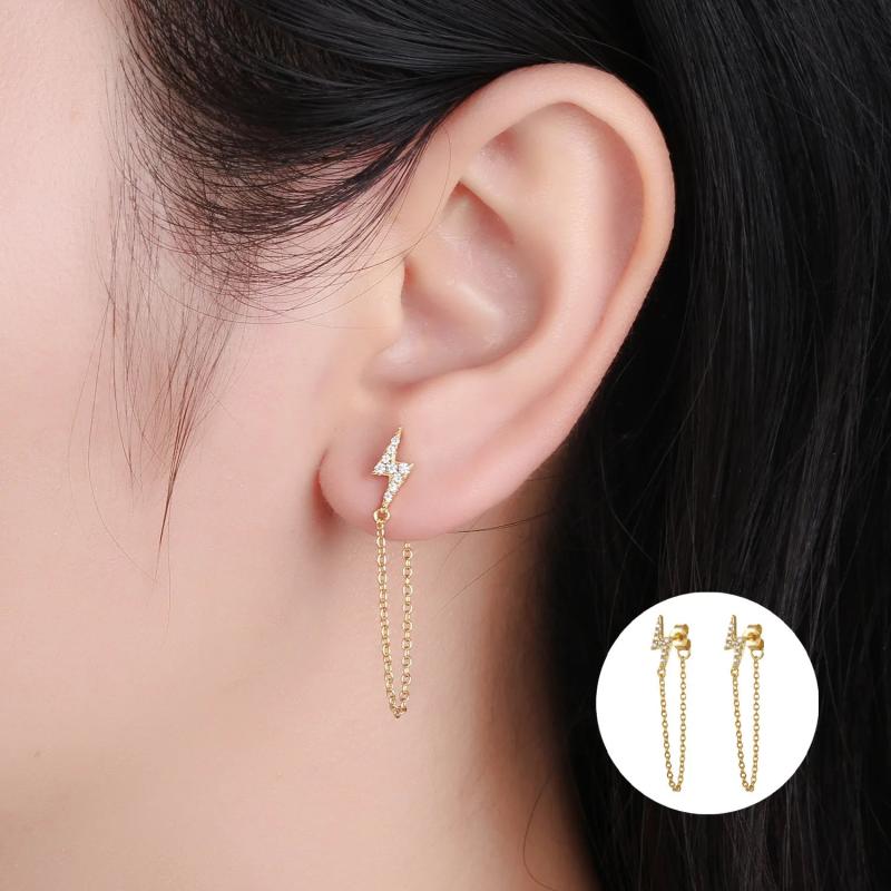 925 Silver Zircon Star Snake Lightning Chain Tassel Earrings