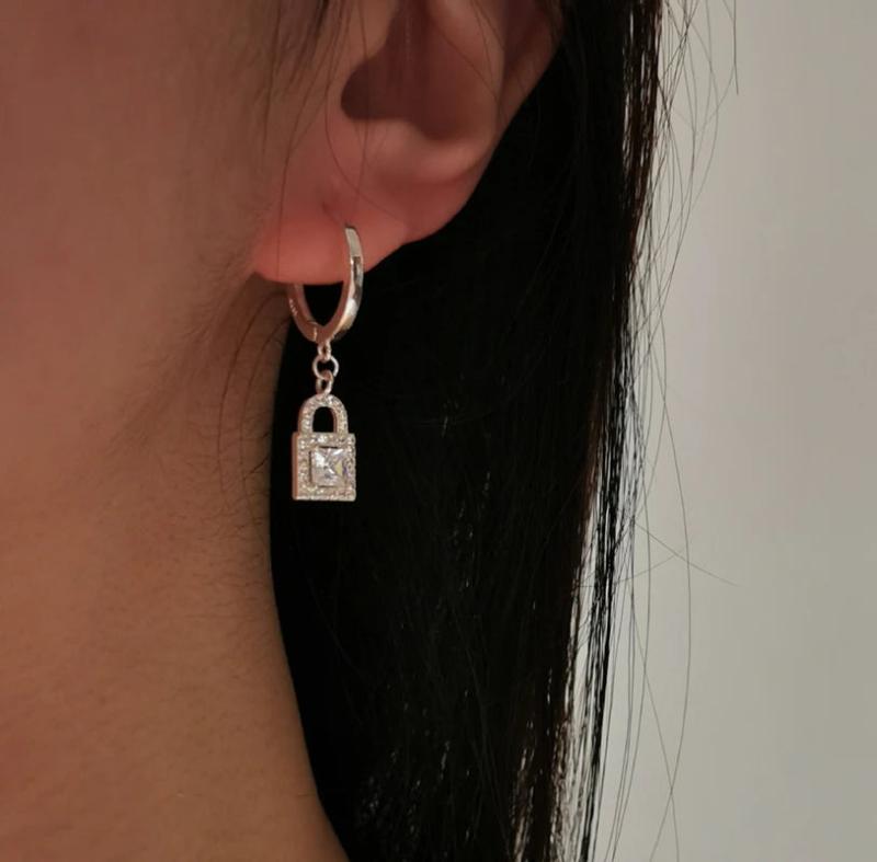 925 Silver Geometric Chain Tassel Earring Lock Drop Ray Cross French Style