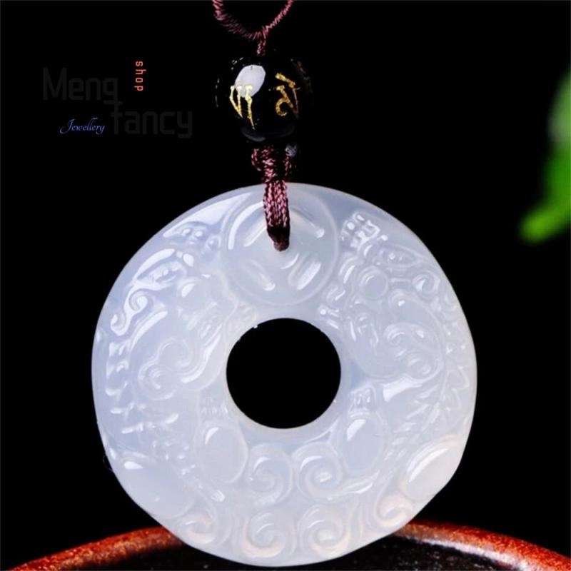 Natural Chalcedony Hand Carved Pixiu Safety Buckle Pendant Jadeite Jewelry