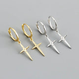 925 Sterling Silver Cross Drop Earring Zircon Ear Ring French Style