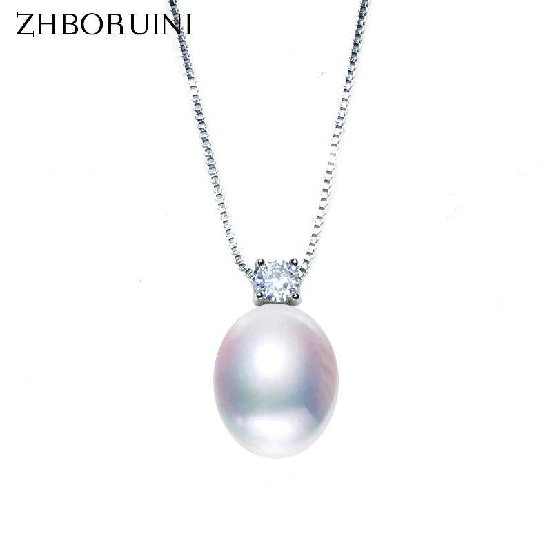 Freshwater Pearl Necklace with Zircon Pendants 925 Sterling Silver Jewelry