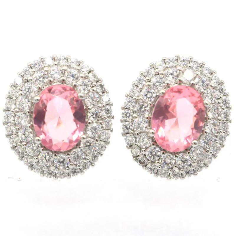 Dazzling Pink Morganite Red Ruby CZ 925 Silver Earrings