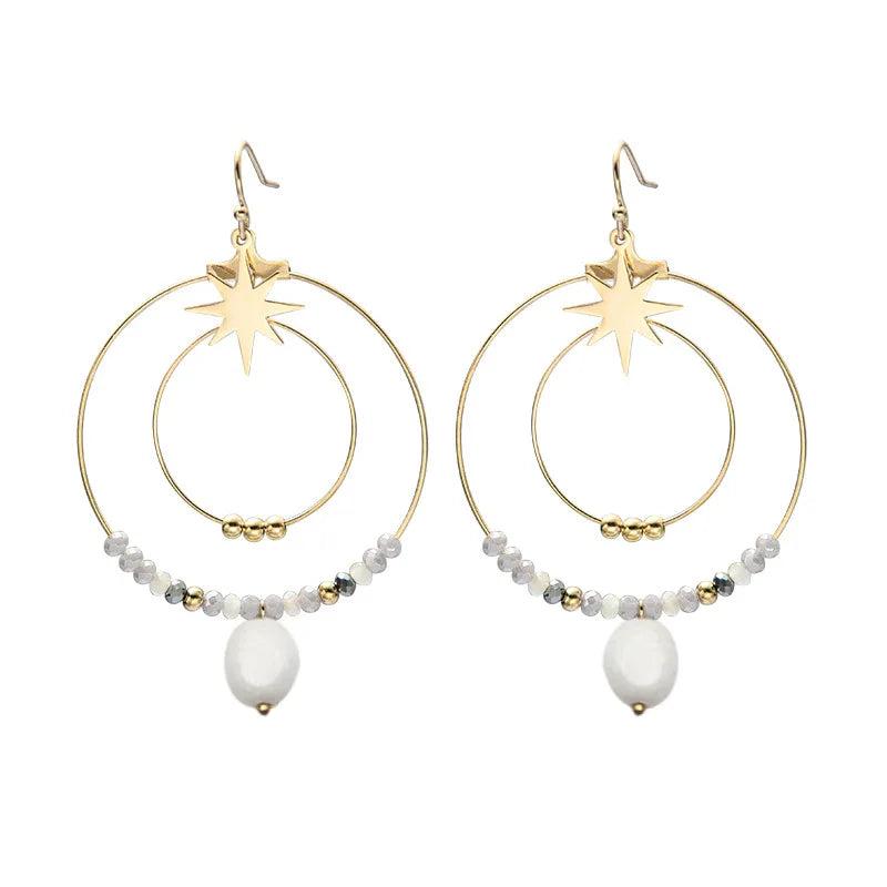 Retro Ethnic Beaded Stone Star Earrings 14K Stainless Steel
