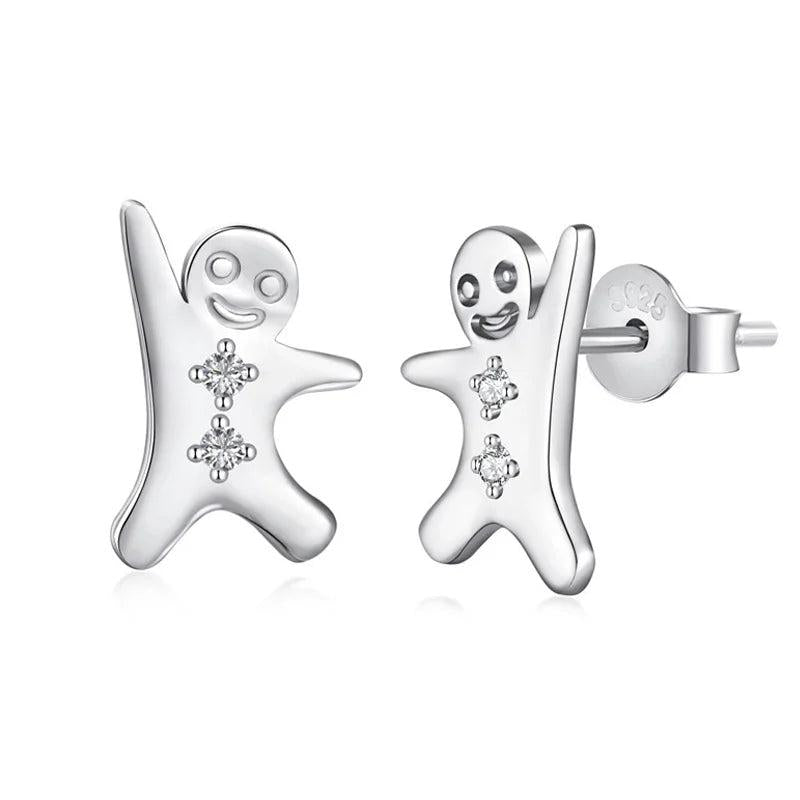 Zircon Christmas Cookie Man Stud Earrings 925 Silver Snowman Women