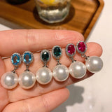 Round Pearl Dangle Earrings CZ Wedding Jewelry Silver Accessories