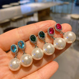 Round Pearl Dangle Earrings CZ Wedding Jewelry Silver Accessories