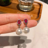 Round Pearl Dangle Earrings CZ Wedding Jewelry Silver Accessories