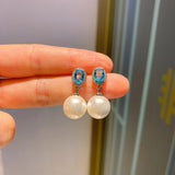 Round Pearl Dangle Earrings CZ Wedding Jewelry Silver Accessories