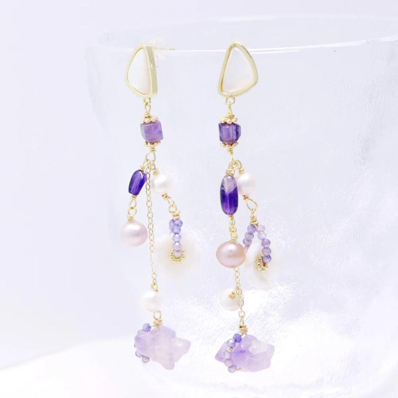 Shell Flower Freshwater Pearl Earrings Purple Zircon Pendant