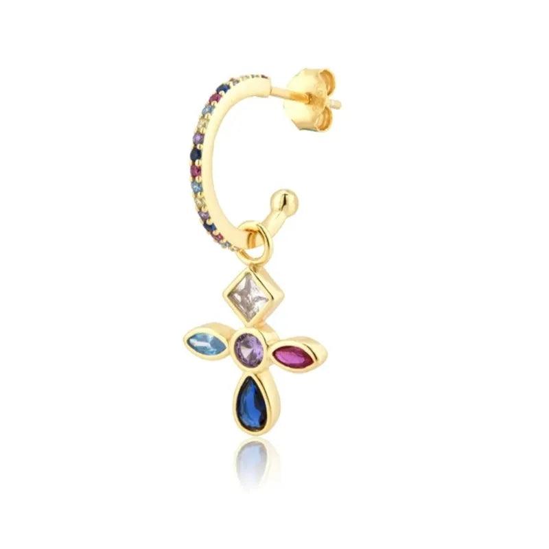 925 Silver Circle Rainbow Earring Cross Zircon Drop Jewelry