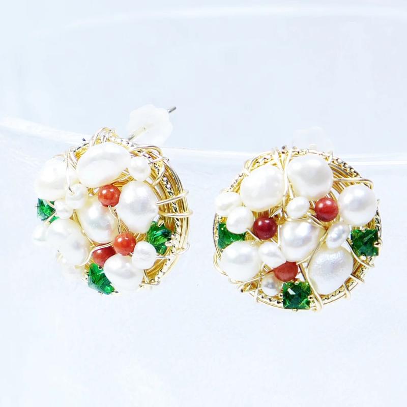 Green Natural Zircon Stud Earring Women Freshwater Pearl Jewelry