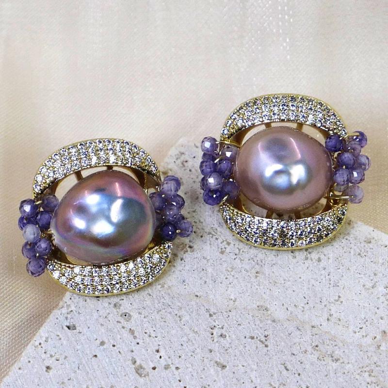 Purple Freshwater Pearl Stud Earrings 10mm - Wedding Jewelry Gift