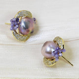Purple Freshwater Pearl Stud Earrings 10mm - Wedding Jewelry Gift