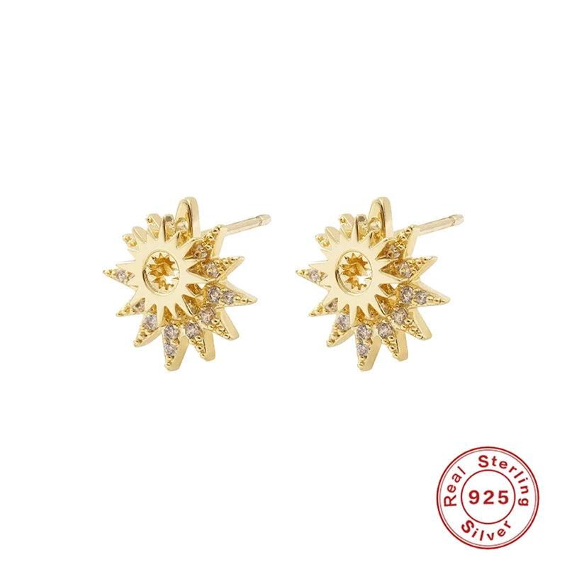 925 Silver Sun Zircon Stud Earrings Girls Gift