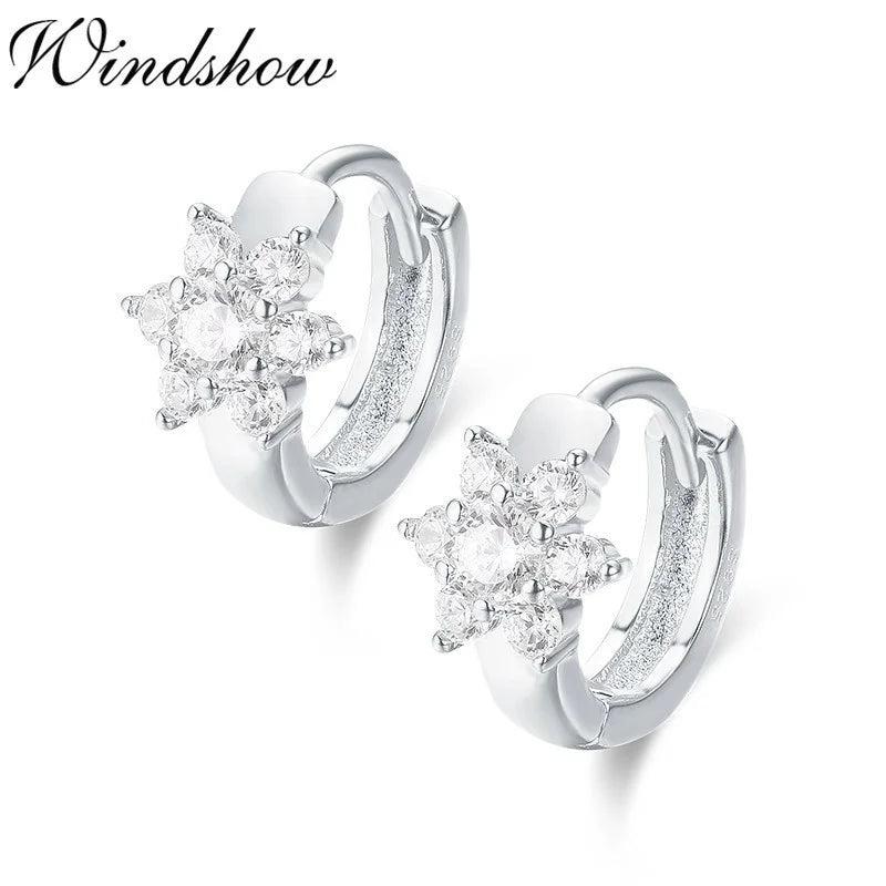 925 Silver Flower CZ Circles Small Loop Huggie Hoop Earrings For Women Jewelry