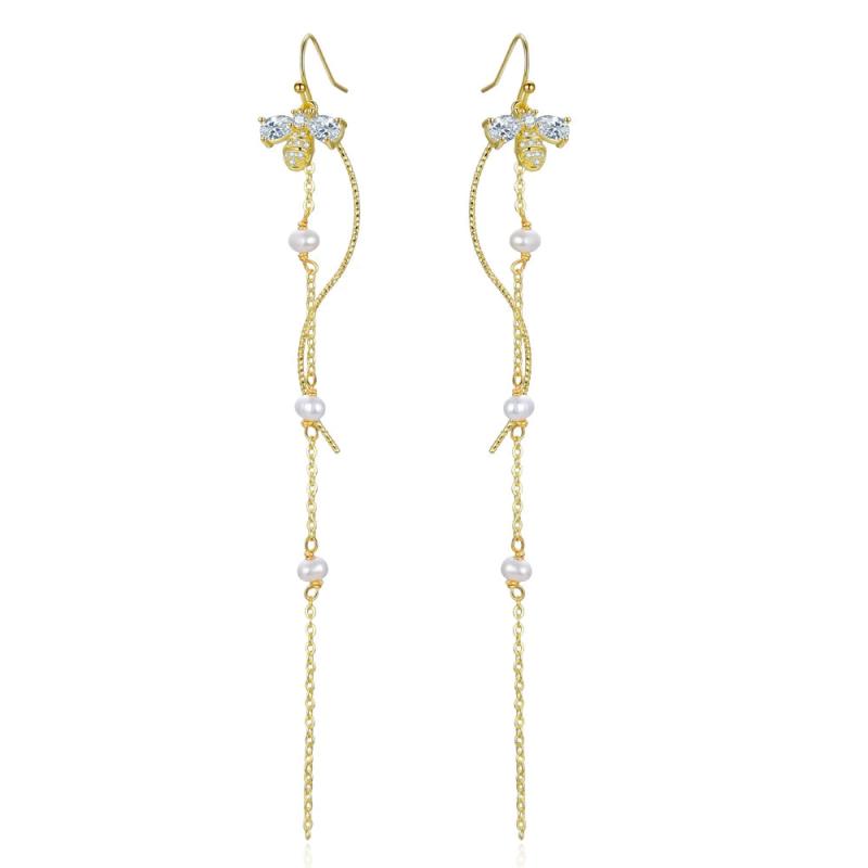 Zircon Tassel Chain Pendant Bee Freshwater Pearl Drop Earrings