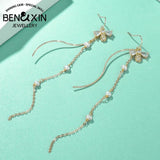 Zircon Tassel Chain Pendant Bee Freshwater Pearl Drop Earrings