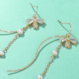 Zircon Tassel Chain Pendant Bee Freshwater Pearl Drop Earrings