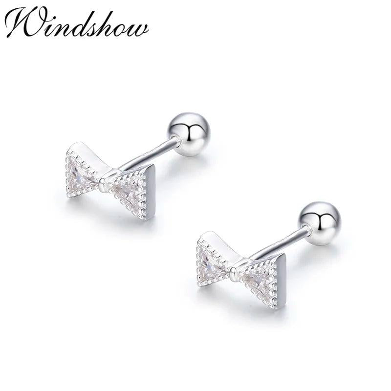 Triangle Bowknot CZ 925 Silver Screw Back Stud Earrings For Girls
