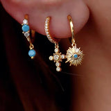 925 Silver Earrings Cross Zircon Geometric Round Ear Ring Drop