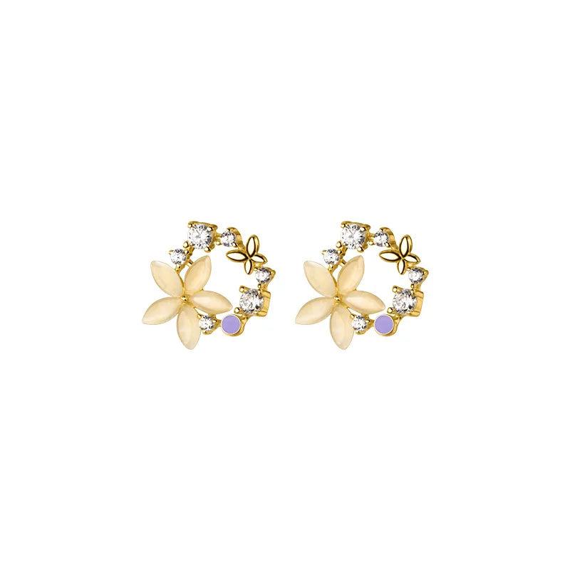 925 Silver Opal Flower Stud Earrings Romantic Hollow Sweet Jewelry
