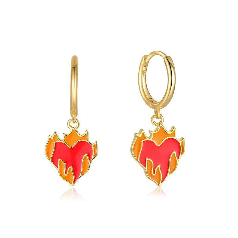 925 Silver Flame Heart Charm Dangle Earrings