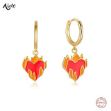 925 Silver Flame Heart Charm Dangle Earrings