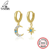 925 Silver Star Moon Zircon Opal Earrings Women Vintage Jewelry