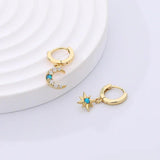 925 Silver Star Moon Zircon Opal Earrings Women Vintage Jewelry