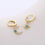 925 Silver Star Moon Zircon Opal Earrings Women Vintage Jewelry