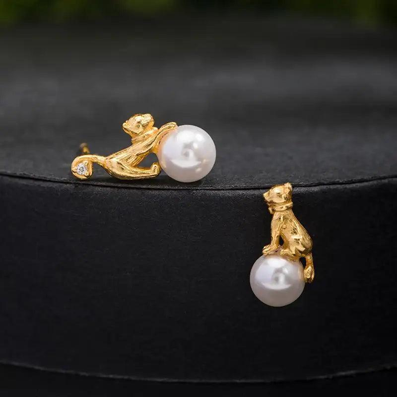 925 Sterling Silver Cat Stud Earring 18k Pearl Asymmetric Earings