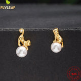 925 Sterling Silver Cat Stud Earring 18k Pearl Asymmetric Earings