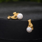 925 Sterling Silver Cat Stud Earring 18k Pearl Asymmetric Earings