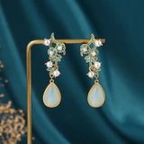 Vintage Hotan Jade Water Drop Earrings with Enamel Flowers and Pearls