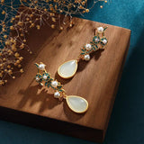 Vintage Hotan Jade Water Drop Earrings with Enamel Flowers and Pearls