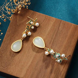Vintage Hotan Jade Water Drop Earrings with Enamel Flowers and Pearls