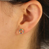 Round Rainbow CZ Stud Earrings 925 Sterling Silver Delicate Party Jewelry Gift