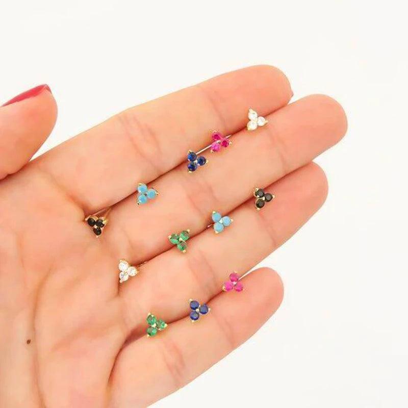 925 Silver Red Green Three Stone Dainty Cz Earring